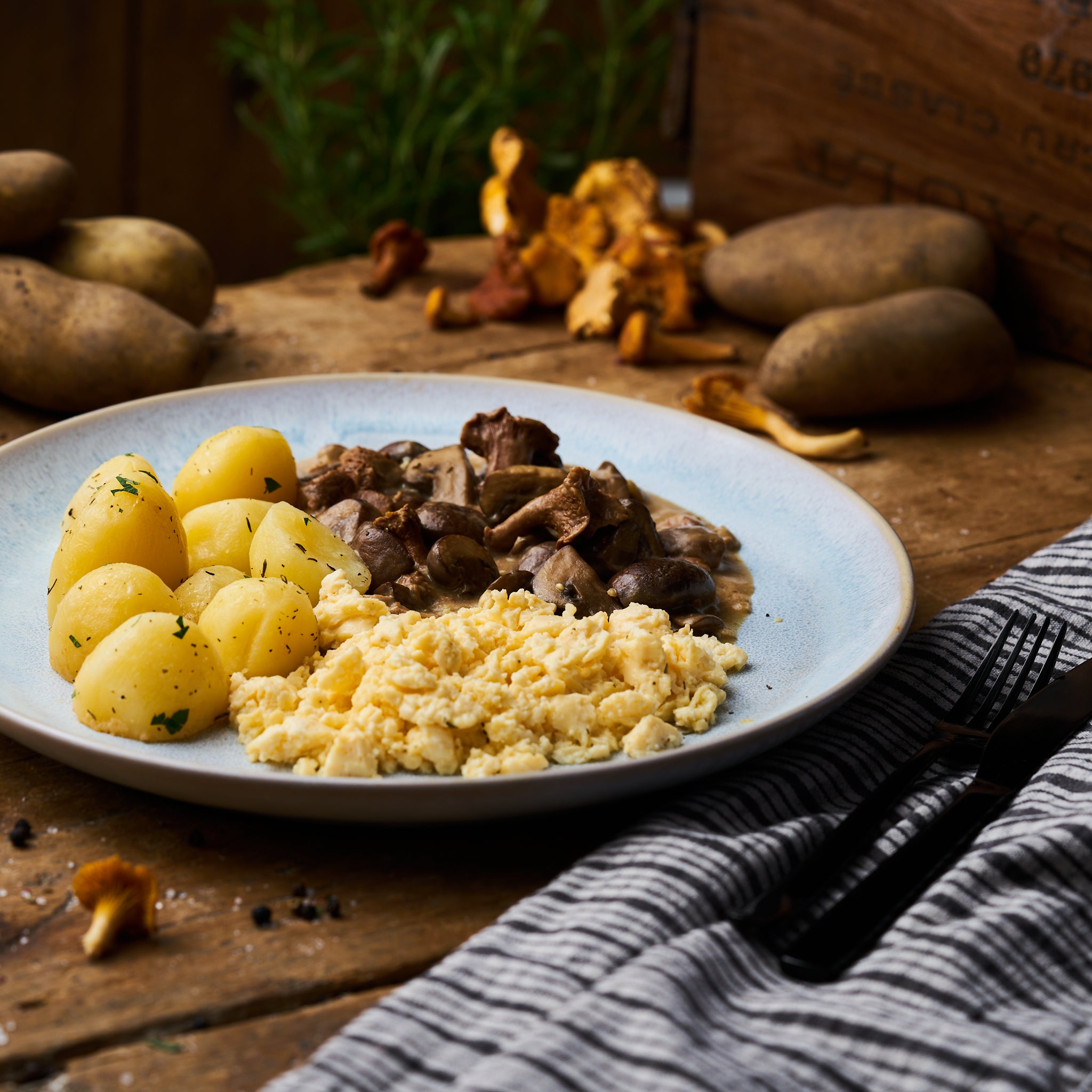 Rührei mit Pfifferlingssauce und Butterkartoffeln